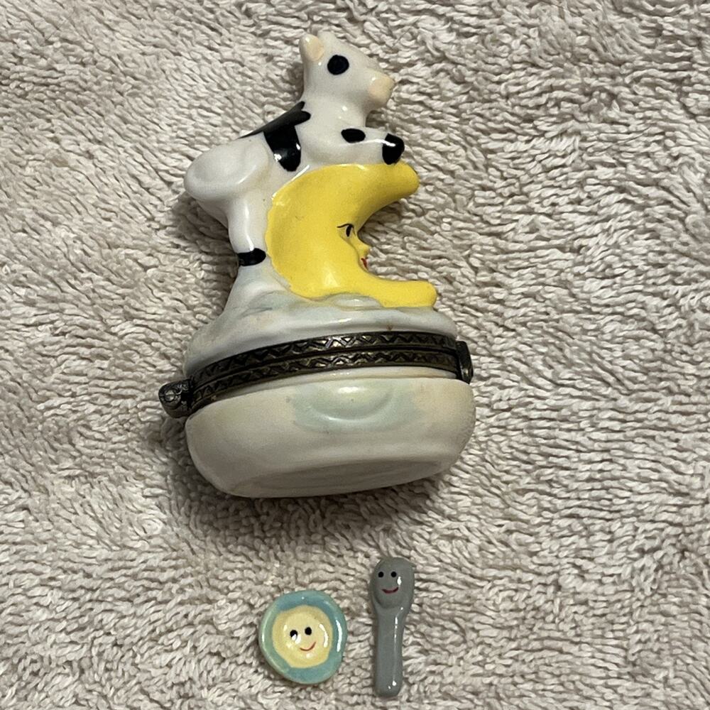 Cow On Moon Hinged Trinket Box With Plate And Spoon
